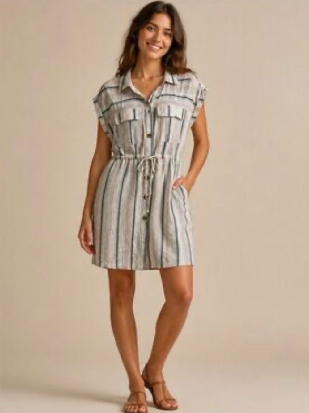 Time and Tru Large 12-14 Striped Linen Blend Midi Dress Button Down Drawstring